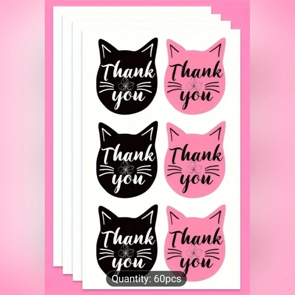 Thank You Cat Face Stickers - Pink & Black - Pack of 60
